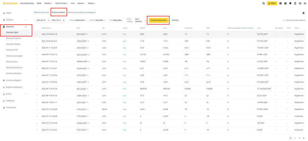 Historia zleceń w panelu głównym