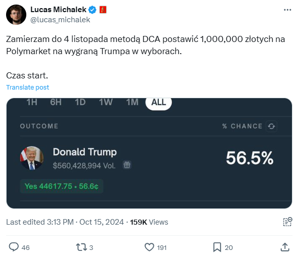 Zakład Michałka na wygraną Trumpa